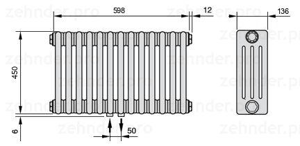 Схема (чертеж) Радиатор Zehnder Charleston 4045/13 №3470 Белый глянцевый RAL 9016